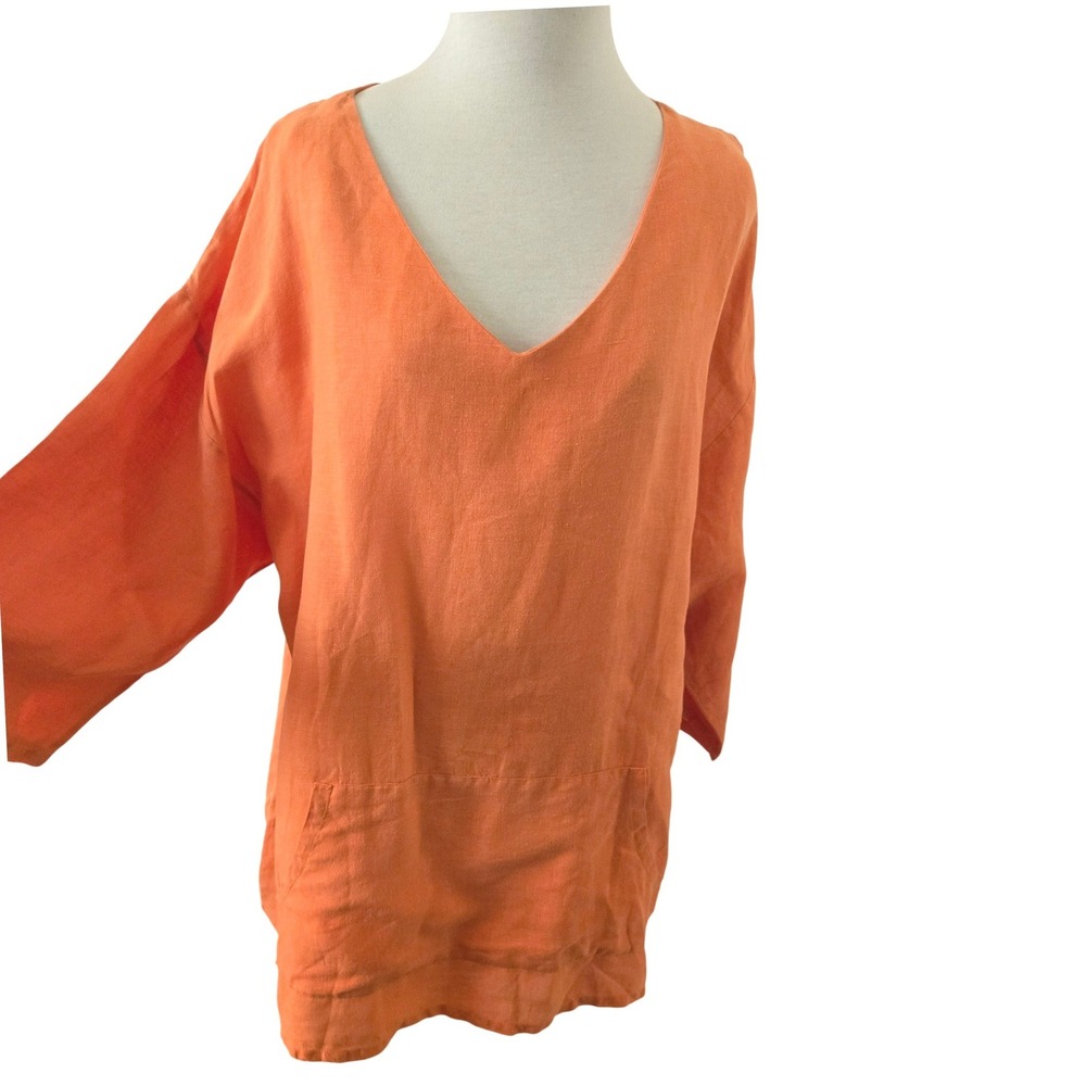 Bryn Walker Orange 100% Linen V-Neck Tunic Top Relaxed Fit Made in USA Pocket
